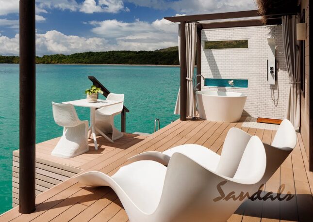 Peace and tranquility in an over water bungalow at Sandals South Coast in Jamaica.