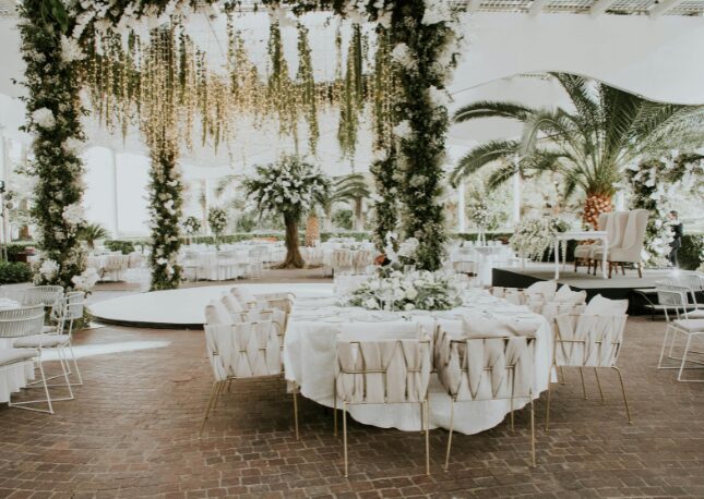 Tropical destination wedding resort set up.