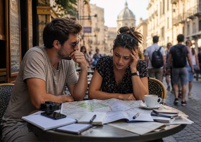 A stressed couple trying to plan their vacation